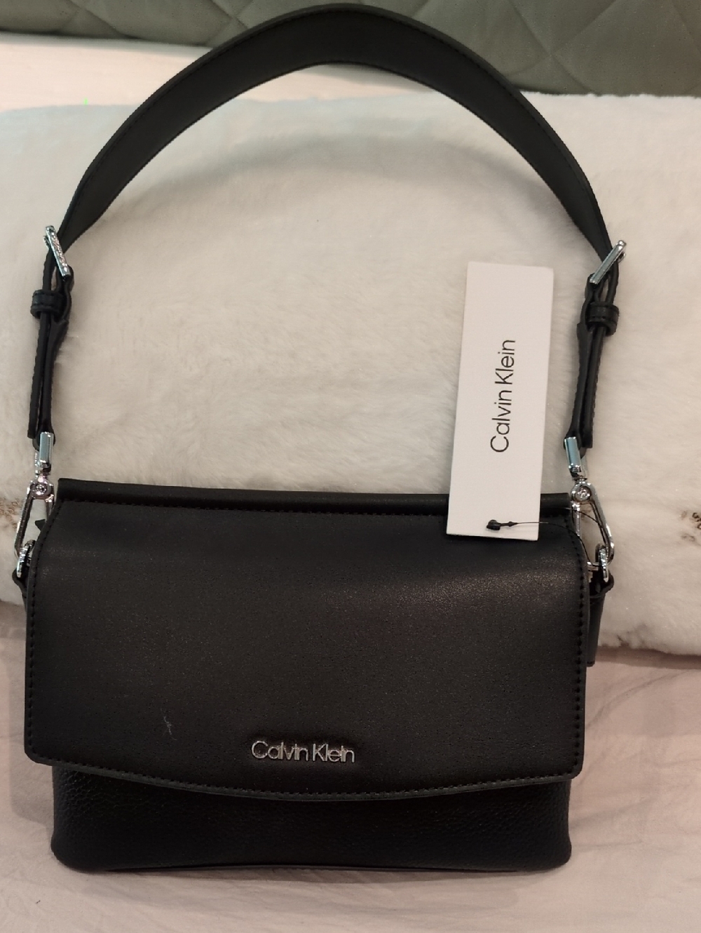 Calvin Klein Black Leather Shoulder Bag with Silver Hardware
